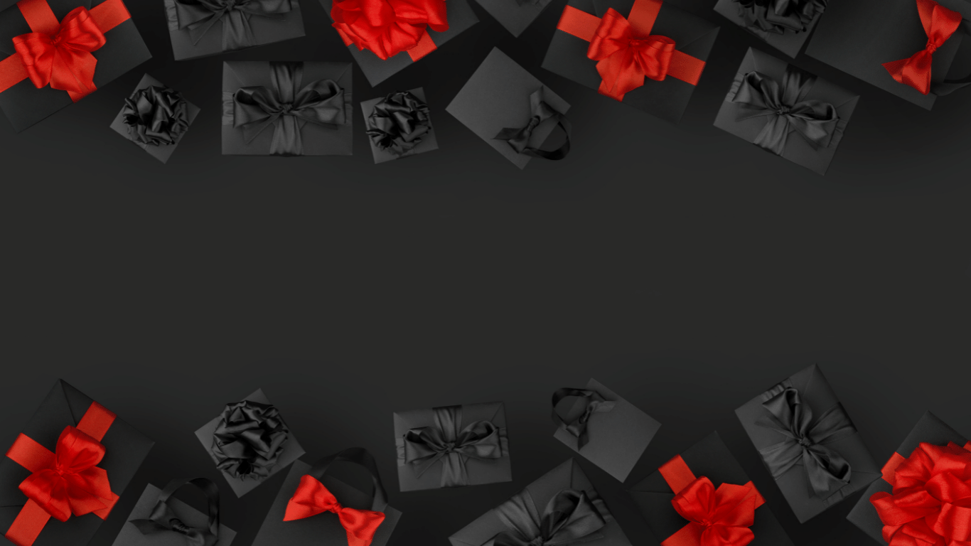 black background with red and black gifts line the top and bottom
