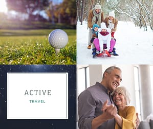 Active travel itineraries collage Active family sleigh riding, older couple in an embrace, and a golf ball sitting on a tee on a lush green course. 