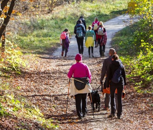 active travel group of people walking on a paved trail