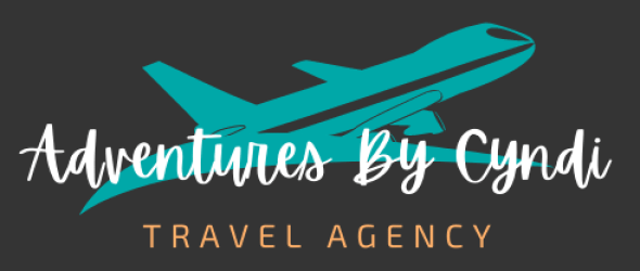adventures by cyndi logo on a black background with teal plane and white lettering