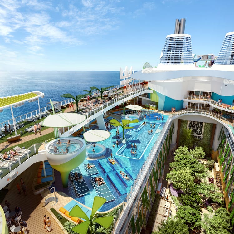 Pool and hot tub view on the Icon of the Seas cruise ship during the day